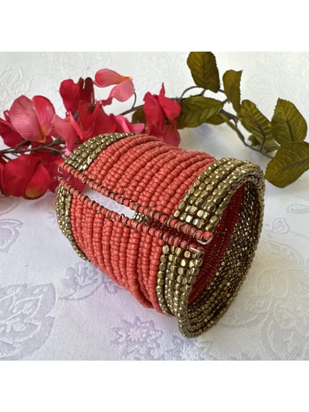 Chico's Bracelet Orange Seed Bead Goldtone Wide Cuff Bangle 3